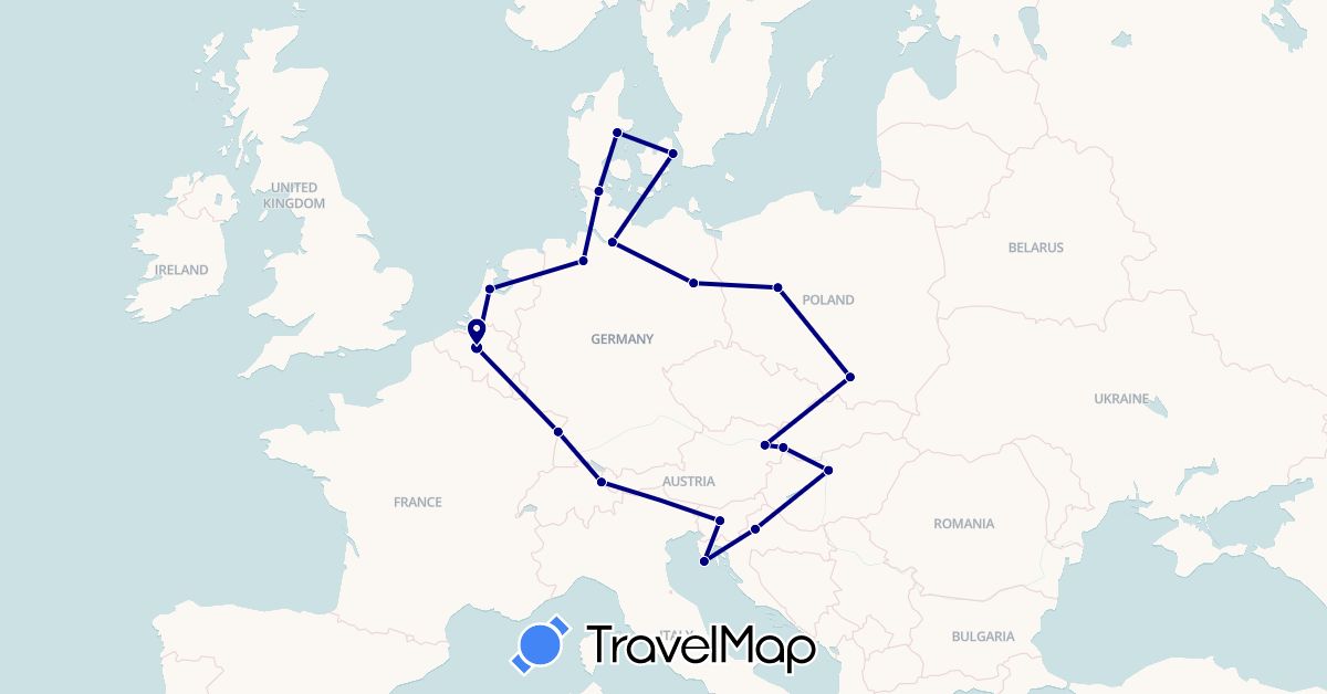 TravelMap itinerary: driving in Austria, Belgium, Germany, Denmark, France, Croatia, Hungary, Liechtenstein, Netherlands, Poland, Slovenia, Slovakia (Europe)